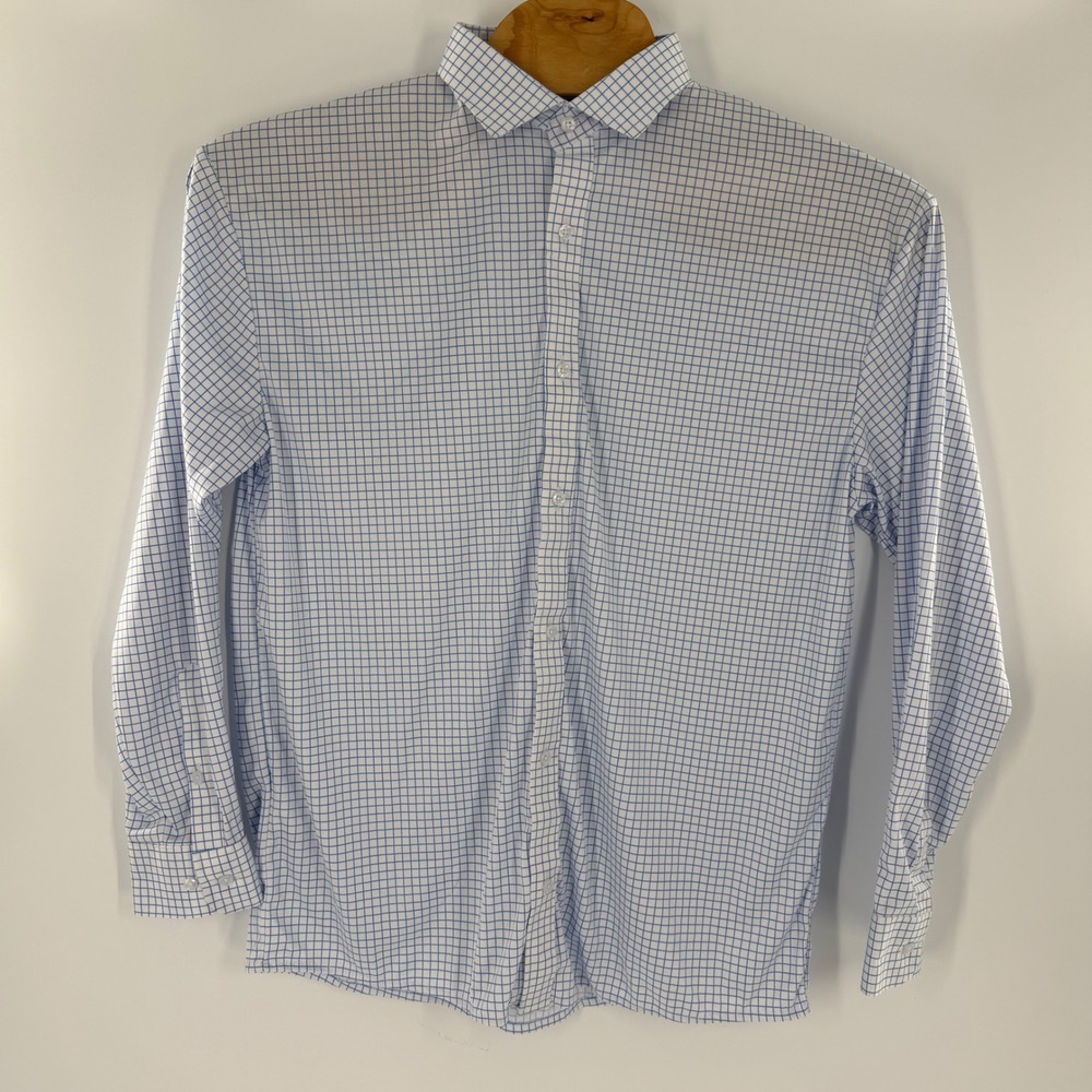 Collars & Co Mens XL Dress Collar Polo Long Sleeve Grid Check Blue White Shirt